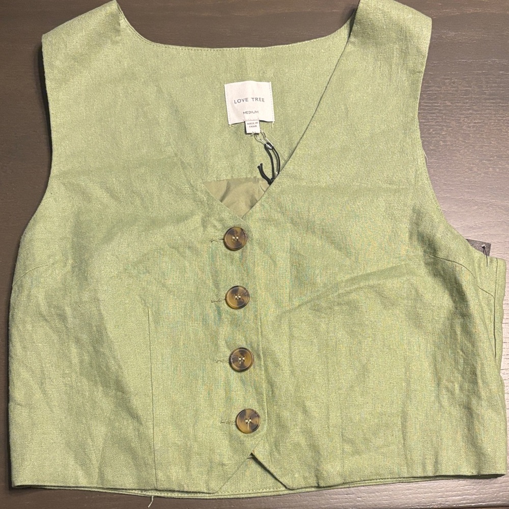Love Tree Light Olive Green Button-Front Women's Vest